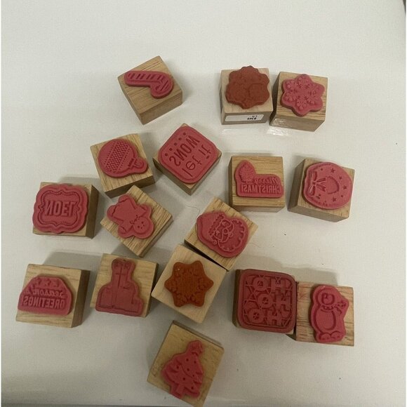Christmas Rubber & Wood Stamp Set Of 16 Stamps Cards,Tags, Scrapbooking No Box - Picture 8 of 9